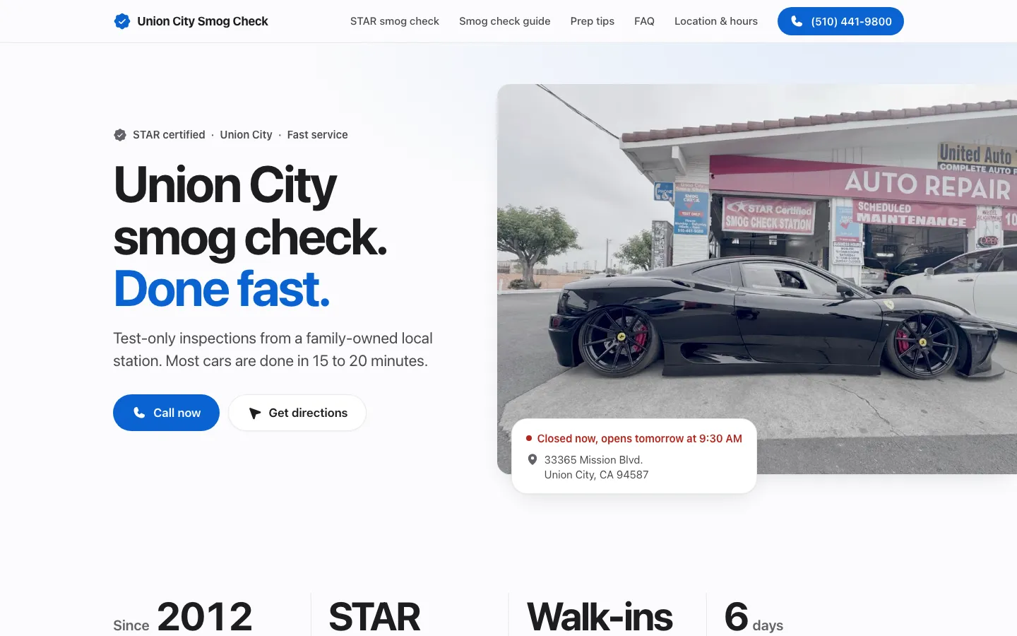 Union City Smog Check homepage on desktop: the headline “Union City smog check. Done fast.” with Call now and Get directions buttons beside a photo of the STAR-certified station on Mission Blvd.